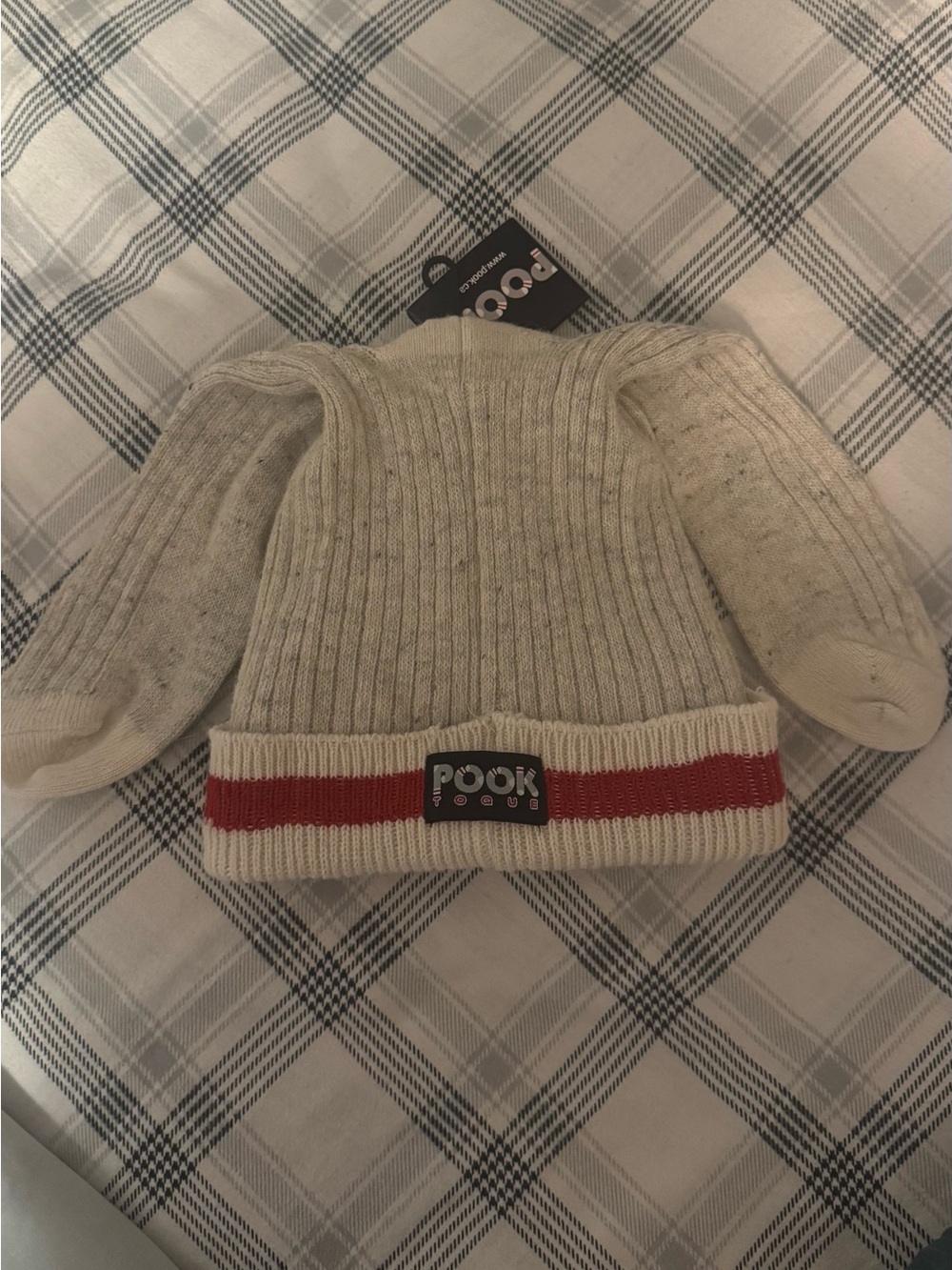 Kids Cream Knit Beanie with Red Stripe